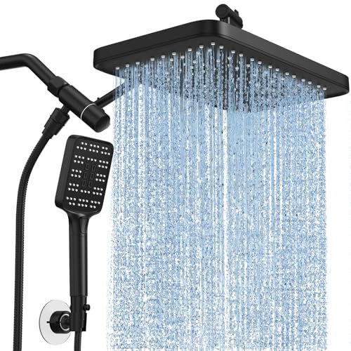 High Pressure Rain Shower Head with Handheld Shower Combo Set Adjustable 12 Rain Shower Double and Tandem Shower Head Waterfall Shower Head Bathroom Matte Black