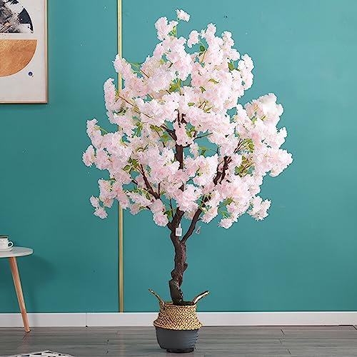 Árbol de goma artificial con flor de cerezo japonés en maceta de bambú, planta sintética extra grande para decoración de interiores y exteriores, decoración de boda verde, blanco y rosa