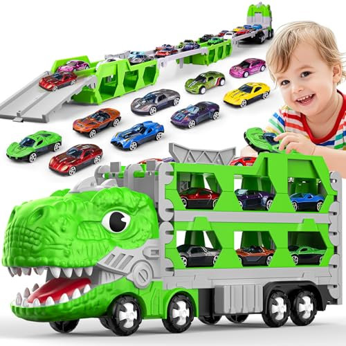 maysida Dino Transporter Truck mit 6 Autos für Jungen von 3 4 5 6 7 Jahren, Dinosaurier Transport Truck Spielzeugautos-Ejection Folding Portable Dinosaur Race Track Truck Toy Car mit 170cm Rennstrecke
