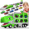 maysida Camion de transport dinosaure avec 6 voitures pour garçons de 3, 4, 5, 6, 7 ans, camion de transport dinosaure, jouet éjection pliable, portable, dinosaure, traction, avec piste de course de