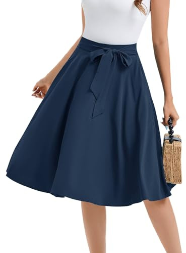 Trachtenrock Damen Knielang Röcke Vintage Rockabilly Oktoberfest Rock Basic Vielseitige Casual Tellerrock Hohe Taille Freizeitrock Navy M