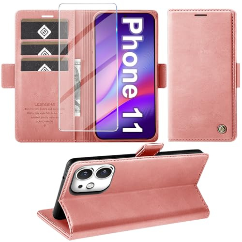 Giyer Cover per iPhone 11 Custodia con Vetro Temperato, Premium PU Portafoglio Slot per Scheda RFID Antifurto Funzione Supporto Flip Case, Antiurto per iPhone 11 5G Cover (Rosa)