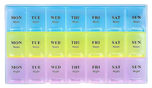 Event Decor Shop Weekly Pill Organizer Box – 7 Day Travel Pill Case with Day Labels – Portable Medicine Tablet Holder – Easy Open Lids – Compact Dispenser for Daily Use (3 Times a Day)