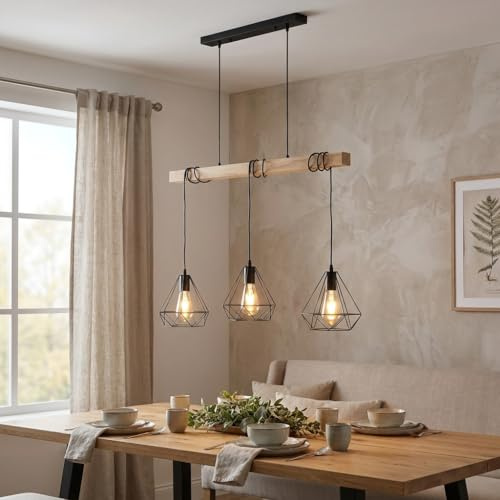 Alpinaluz Lámpara Colgante de Techo 3 Luces Negra con Barra de Madera Natural de 75 cm, Pantallas Jaula Ø20 cm, Altura Regulable, 3xE27, Estilo Nórdico Industrial para Cocina y Comedor