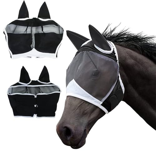 AMJKEJI Máscara de mosca para caballo, cómoda, elástica, espacio para los ojos con protección UV, mosquitos e insectos, máscara de mosca de media cara con orejas para caballos, color negro (L)