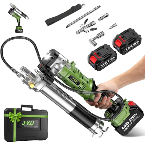 J-KU Pompe a Graisse Électrique avec 2 x 4,0 Ah Batteries : 12000 PSI Pistolet à Graisse sans Fil, Tuyau Flexible de 1m & Raccord à 90°, Idéal pour l'Entretien de Engins de Chantier