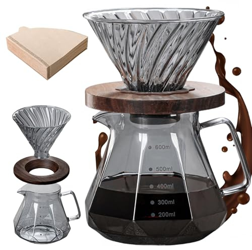 Behogan 600ml Pour Over Kaffeebereiter: Hochwertiges Borosilikatglas Pour Over Kaffeemaschine mit 100 Stück Papierfilter, Rauchgrau Kaffeebereiter Set, für Zuhause, Café und Camping (4 teilig)