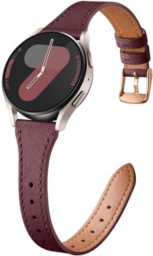Easuny Schlankes Lederarmband Kompatibel mit Samsung Galaxy Watch 7 Armband | Echtes Leder Armbänder für Galaxy Watch 6 5 4 FE 40mm 44mm, 6 Classic 43mm 47mm, 5 Pro 45mm, 4 Classic 42mm 46mm, Weinrot