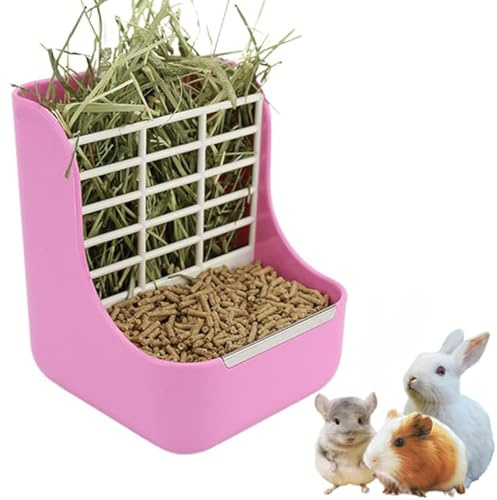 ZYYRSS 2 in 1 Food Hay Feeder for Guinea Pig, Rabbit Feeder, Indoor Hay Feeder for Guinea Pig, Rabbit, Chinchilla, Feed Bowls Use for Grass & Food (Pink)