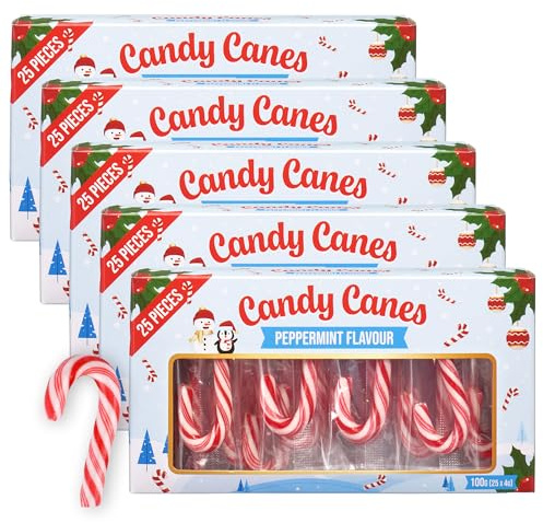 Mini Zuckerstangen 5er Pack – 25 Stück á 4g pro Packung – Peppermint Candy Canes – Weihnachtsdeko, Adventskalender, Nikolaus, Party Süßigkeiten & Mitgebsel – kleine Zuckerstangen mit Minzgeschmack