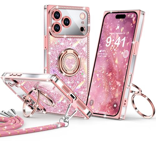 XYZ for iPhone 17 Pro Max Case, Glitter Cover with 2-Ring Stand Pink | Heart Double Ring Holder, Bling Lanyard, Women Girls Luxury Rhinestone Shockproof Protective Case, Pink