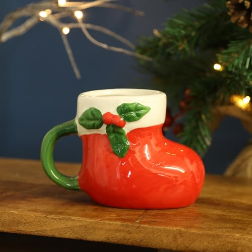 Fyne-Finds Santa’s Boot Ceramic Mug Festive Christmas Holly & Berry Novelty Tea Coffee Cup Xmas Hot Chocolate Cup Gift Kitchen Tableware