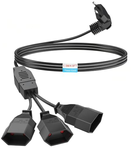1,5M Stromkabel Verlängerung, 3-in-1 Verlängerungskabel Typ-C-Stecker Eurostecker auf Verdreifachen Typ-C Euro Buchse, 0,75 mm² Max. 2,5A/250V für TV PC Computer Monitor Beamer Lampe, Schwarz