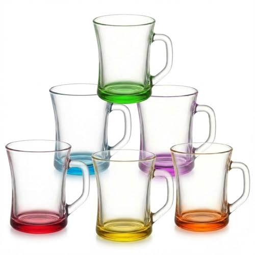 Vieberg ZEN+ 6er Set Teegläser mit Henkel (225ml) – Bunte Teegläser mit 6 bunte Farben am Boden – Ideal gegen Verwechslung – Bleifreie Glastassen für Tee & Kaffee – Spülmaschinenfest