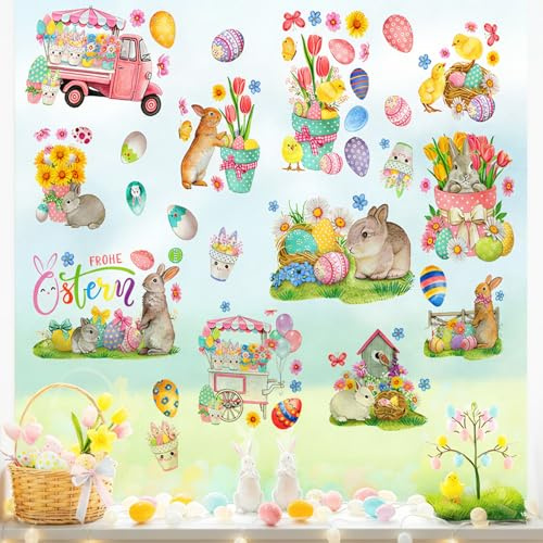 Fensterbilder - 9 Blätter Hasen Küken Blumen für Kinderzimmer Fenster | PVC, Hasen Küken Blumen, Kinderzimmer, Fenster, Glastür, Spiegel