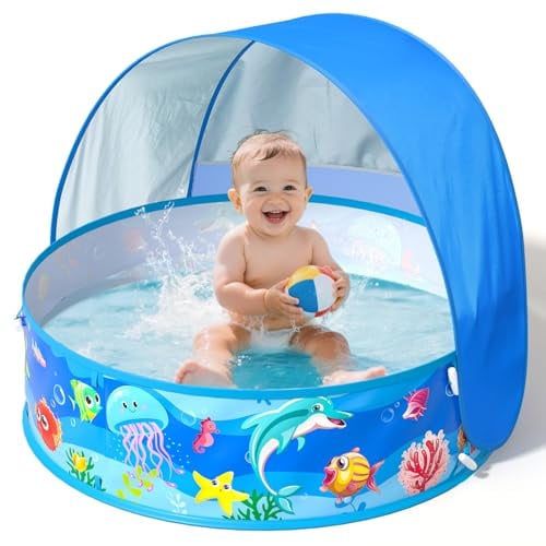 Baby Planschbecken mit Dach, Pop-Up Strandmuschel Baby UV Schutz 50+ mit Aufbewahrungstasche, 4 in 1 Portabler Baby Pool mit Sonnenschutz, Sommer Must-Haves für Strand, Urlaub, Camping und Picknick
