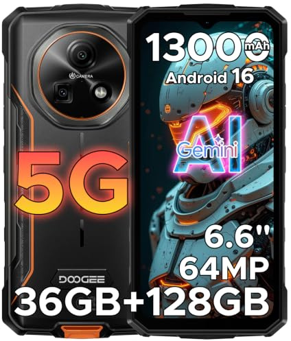 DOOGEERugged FIRE 7 Rugged Smartphone 5G, 13000 mAh Telefono Indistruttibile Android 16, 6,6 +90Hz, 36GB+128GB, Fotocamera da 64 MP, MediaTek Dimensity 6300/IP68/IP69K/MIL-STD-810H, NFC