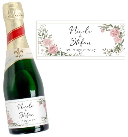 Mimi und Anton PICCOLO Banderole PERSONALISIERT Hochzeit | 10x AUFKLEBER für Hochzeitsfeier, Piccolo-Aufkleber für den Sektempfang, kleine Sektflaschen Aufkleber Etiketten Design ROSEN