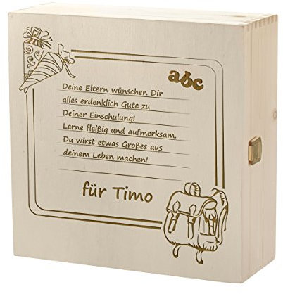 Erinnerungsbox mit Gravur - Große Holzkiste mit Deckel Natur 27x27cm – Personalisierte Geschenkidee zur Einschulung - Aufbewahrungskiste – Motiv Schultafel für Schulanfänger mit Wunschspruch