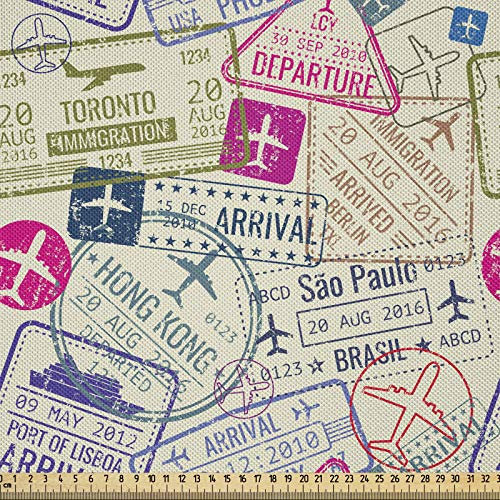 ABAKUHAUS Flugzeug Stoff als Meterware, Reisepass Briefmarken Städte, Seidiger Satin Stoff für Polster Heimtextilien, 1M (148x100cm), Grau weiß und Rosa