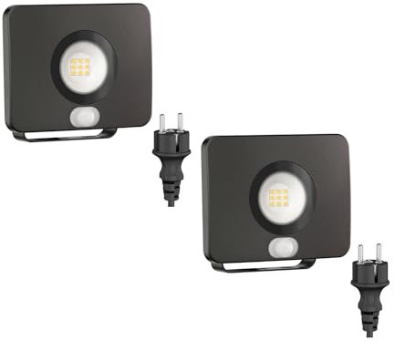 ledscom.de 2 Stück LED Gartenstrahler WEGA für außen, IP44, Bewegungsmelder, Stecker, schwarz, 11,4 W, 944lm, warmweiß