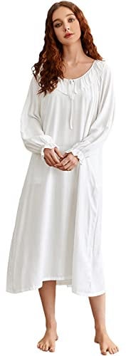 Nanxson Viktorianisch Nachthemden für Damen Langarm Nachthemd Leichte Nachtwäsche Langes Schlafanzug (S,Weiß)