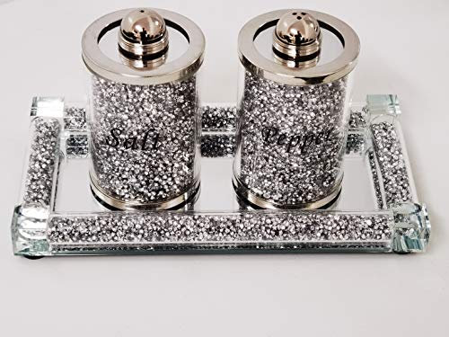 Deenz Set Of Diamond Crushed Salt Pepper Jars & Mirrored Crystal Candle Plate Elegant Addition To Your Home- Best Gift