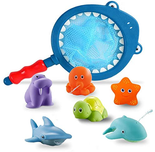 SeWooo 7 Stück Baby Badespielzeug Set,Badewannenspielzeug ab 1 Jahr,Badewanne Spielzeug Kinder Wasserspritztiere mit Fischernetz, Badewannenspielzeug
