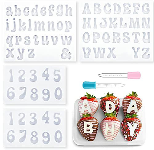 4 Stück Silikon Buchstaben Zahlen Form, Buchstaben und Zahlen Fondant Schokoladen Formen, Mit 2 Tropfern, DIY Weihnachten Kuchen Dekoration Molds, für Süßigkeiten, Schokolade, Eiswürfel (Transparent)