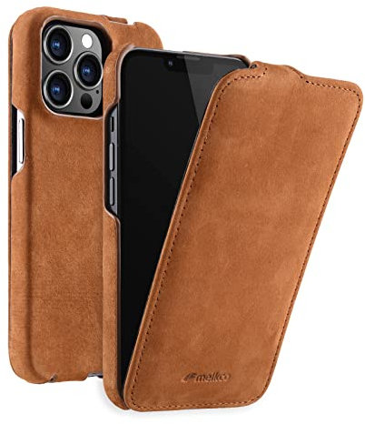 MELCKO Hülle passend für Apple iPhone 13 PRO (6,1 Zoll), Handyhülle mit echtem Leder, Flip-Case, Schutzhülle klappbar, dünne Handy-Tasche, Slim Cover, Vintage Braun