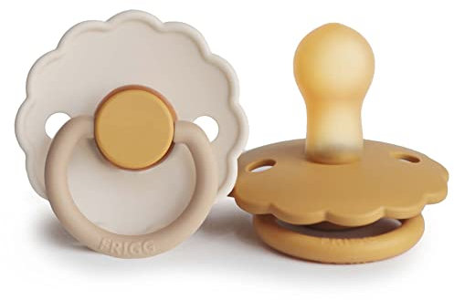 FRIGG Daisy Latex Schnuller | Schnuller 2 Packung | Symmetrischer Sauger in Kirschform | BPA-frei | Hergestellt in Dänemark | Latex Schnuller | (Chamomile/Honey Gold, Size 1 (0-6 Months))