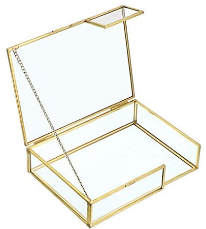 SUMNACON Vintage Schmuckbox aus Metall und Glas Aufbewahrung für Fotos Postkarten und Kleine Notizbuch Deko für Wohn und Arbeitzimmer(Rechteck Golden 18x13cm)