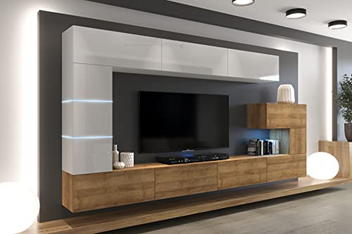 Furnitech Wohnwand Wohnzimmer - Möbel mit LED Blau - Hängend Wohnwand Modern - Schrankwand mit Regale und TV Schrank (AN89NEW-21WDZ-HGM22)