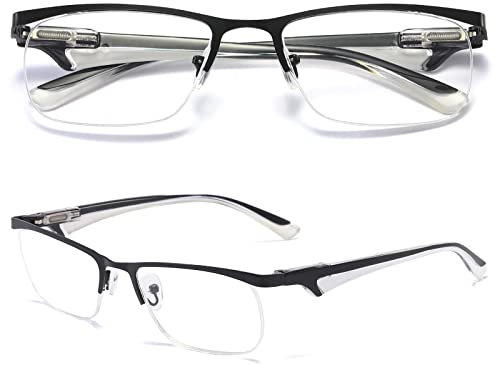 MAGIMODAC Lesebrille Blaulichtfilter Halbrahmen Lesebrillen Rechteckige Lesehilfe Federscharnier Metall Sehhilfe mit PU Leder Etui für Herren Damen (Weiß, 1.50)
