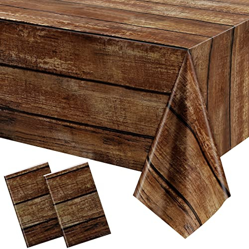 Irenare 2 Stück braune Holzmaserung-Tischdecken für rechteckige Tische, Vintage-Tischdecken im Bauernhaus-Stil, Dekorationen für westliche Scheune, Geburtstag, Hochzeit (137,2 x 274,4 cm)