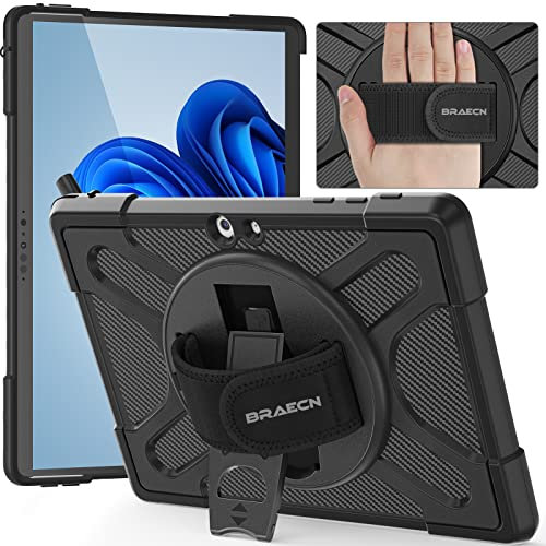 BRAECN Hülle für Microsoft Surface Go 4 (2023) / Go 3 (2021) / Go 2 (2020) / Go (2018) 10/10.5 Zoll, Stoßfeste Robuste Tragbare Hülle mit 360° Drehbarem Ständer und Handgurt, Schwarz