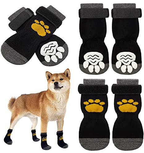 Leeko Socken für Hunde, 3 Paar Verstellbare Indoor Anti-Rutsch Hundesocken Pfotenschutz Haftsocken, Pfotenschutz und Traktion Dank Gummiverstärkung Gel für Hund und Katzen, Schwarz (S)