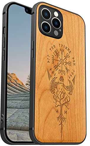 Carveit Magnetic Wood Case for iPhone 12 Pro Max [Hard Real Wood & Soft TPU] Shockproof Hybrid Protective Cover Unique & Classy Wooden Case Compatible with MagSafe (Viking Compass Vegvisir-Cherry)