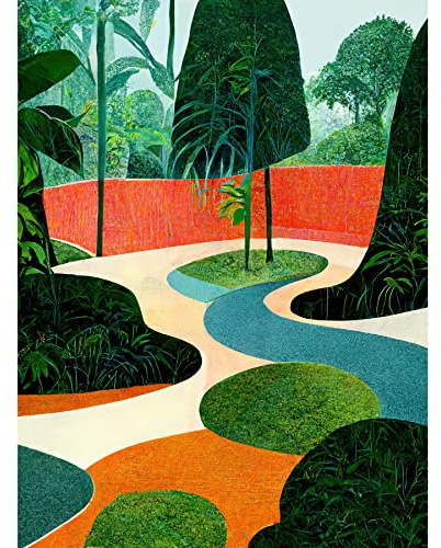 Wee Blue Coo Midcentury Style Garden Abstract Jungle Painting Orange Teal Green Unframed Wall Art Print Poster Home Decor Premium