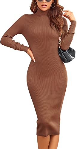 Rocorose Women's Sweater Dress Slim Fitted Over-Knee Length Ribbed Knitted Maternity Fall Dress Brown S