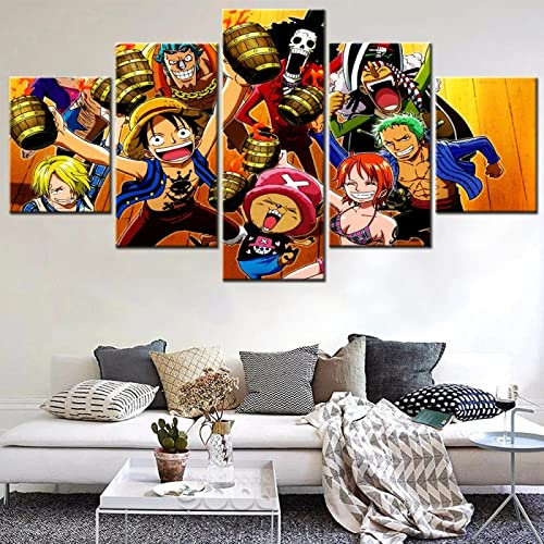 VEYEBZ 5 Stück Gerahmte Leinwand Malerei Kunst Abstrakte Modulare Poster 100×50Cm, Anime One Piece Luffy, Zoro, Nami Familie Schlafzimmer Wohnzimmer Dekor Möbel Hd Wandbild Drucken Geschenk