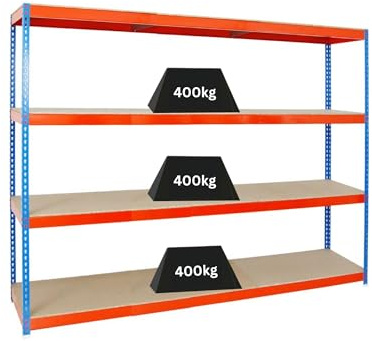 PROREGAL Schwerlastregal Wood Beast Four | HxBxT 200x240x45cm | 4 Ebenen | Fachlast 400kg | Blau-Orange | Weitspannregal Werkstattregal Lagerregal Kellerregal Gargenregal