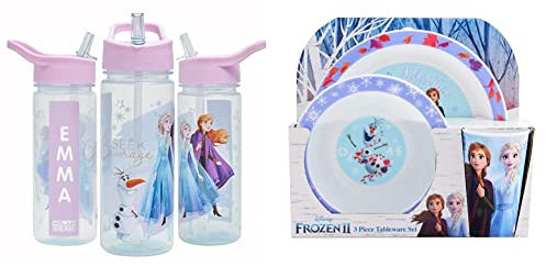 Disney Frozen Magic Personalised Sticker Water Bottle with Straw 500ml - Purple & Frozen Kids Tableware 3 Piece Reusable PP Plate