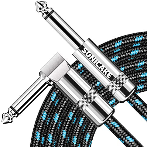 SONICAKE Braided Guitar Cable 6m/20ft Guitar Instrument Cable 6.35mm 1/4 Right Angle to Straight Black Blue