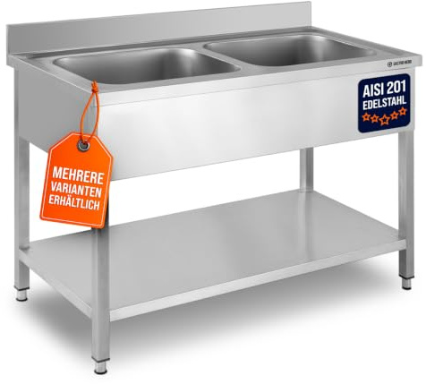 GastroHero Spültisch, 2 Becken, 120x70 cm, Edelstahl SPT-BASIC12X7M2 | mit Grundboden, 100 mm Aufkantung, nach Hygiene- und Sicherheitsrichtlinien produziert