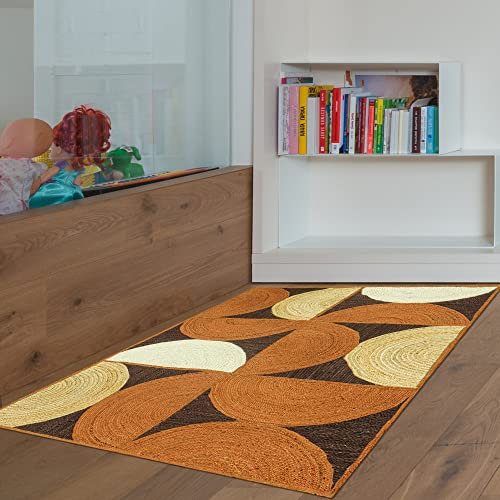 CASAVANI Indischer handgeflochtener Flickenteppich, geometrisch, braun, Mehrfarbig, 90 x 152 cm, rechteckige Form, Jute-Teppich, für Innen- und Außenbereich, 10 x 122 cm, quadratisch