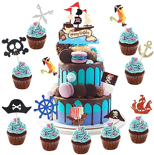 Encuryna 31 Stück Pirate Tortenstecker Set, Happy Birthday Cake Toppers Piraten Kuchendeckel, Piratenschiff Kuchen Topper Cupcake für Kinder Mädchen Junge Geburtstag Party Muffin Deko