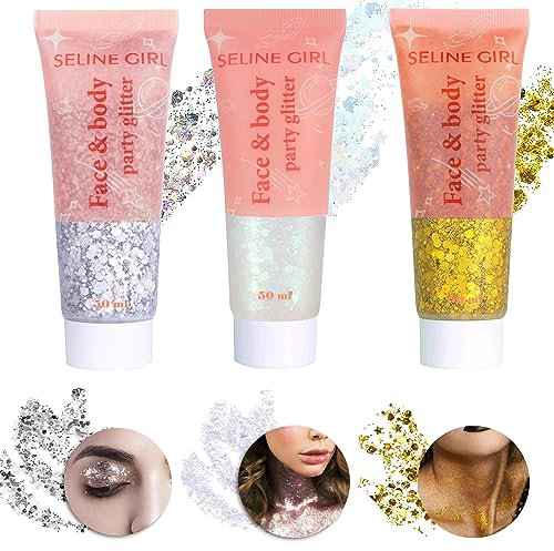 NonKob 3 Stück Body Glitter Gel, Festival Glitzer Gesicht Mermaid Sequins Liquid Gel, Festival Zubehör Körperglitzer Pailletten für Haare Lippe Körper Flüssiger Lidschatten, für Halloween Festival