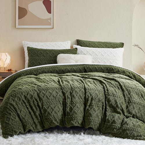 Freyamy Fleece Bettwäsche 200x200 3teilig,Flauschig Teddy Plüsch Bettwäsche-Sets für Winter,Extra Warm Wendebettwäsche Flanell,Grün Bettbezüge mit Reißverschlüsse und Kissenbezug 80x80