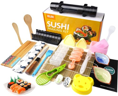 Sushi Making Kit, Pro Sushi Maker Bazooker Roller Kit with Guide Includes Bamboo Mat, Cutting Mold, Sushi Knife, Onigiri Mold, Chopsticks, Sauce Dishes, Rice Spreader&More All You Need DIY Sushi Gift